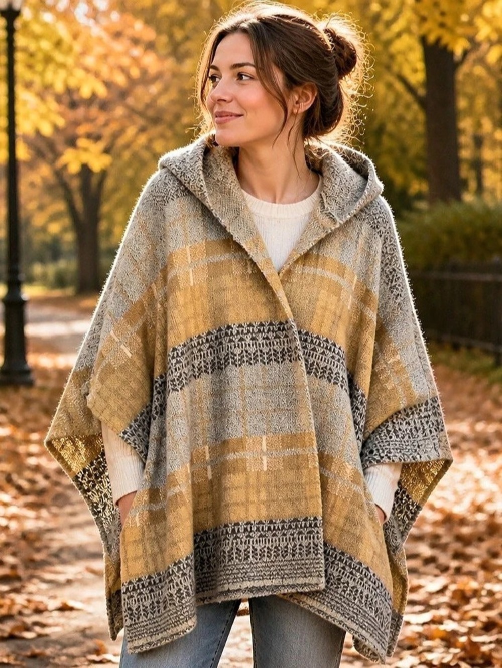 RAJ Plaid Hooded Poncho in Yellow & Gray Like New